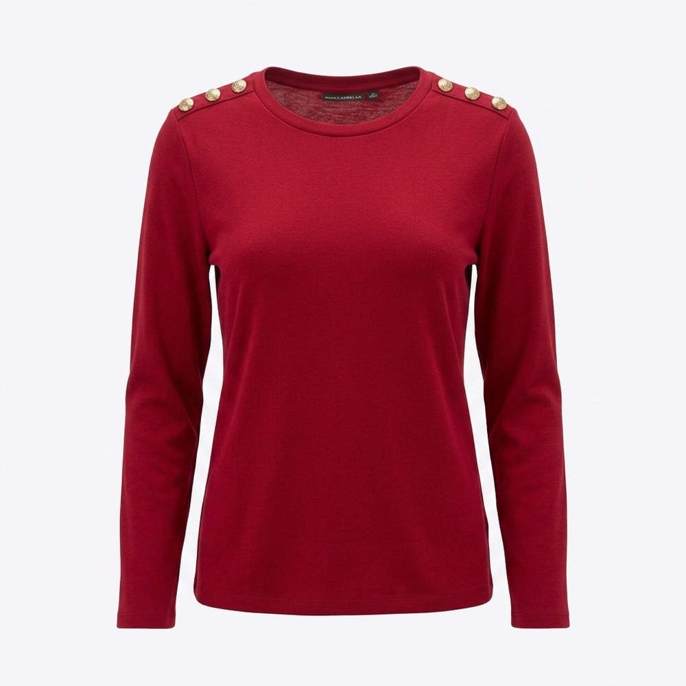 EUC Rafaella Shoulder Button Top Womens Small Red Long Sleeve Gold Detail Knit